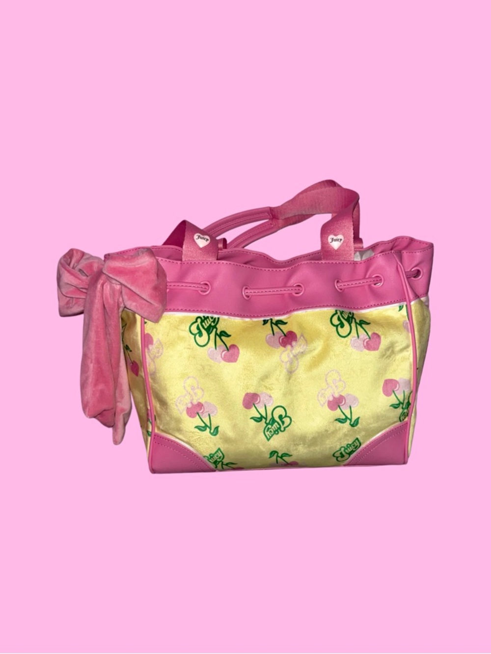 Juicy Couture Retro Cherry Pink and Yellow Day Dreamer Tote with Bow Accent